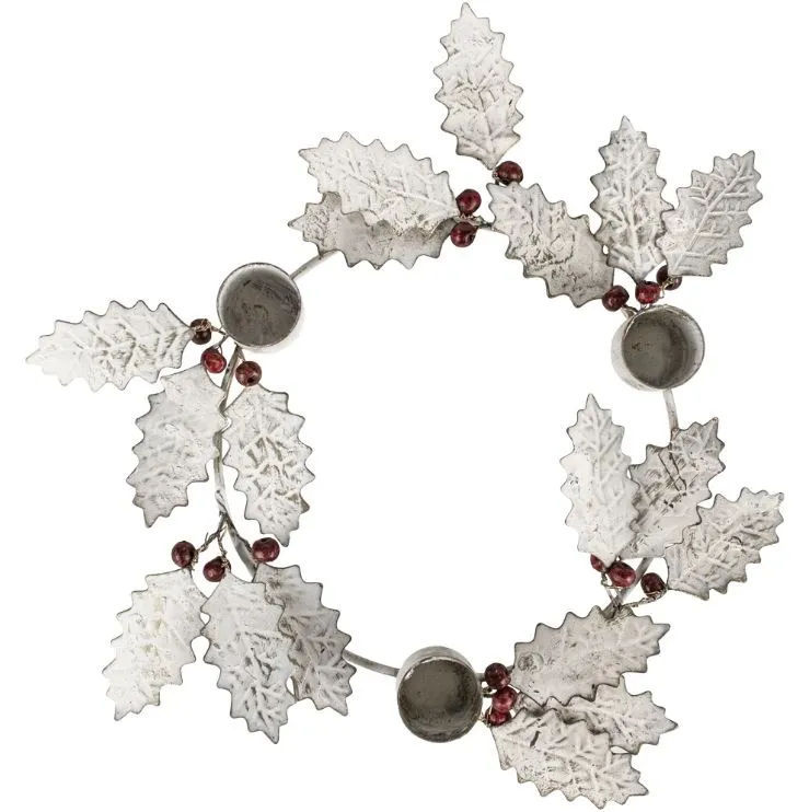 Antique White Holly Candle Holder Wreath