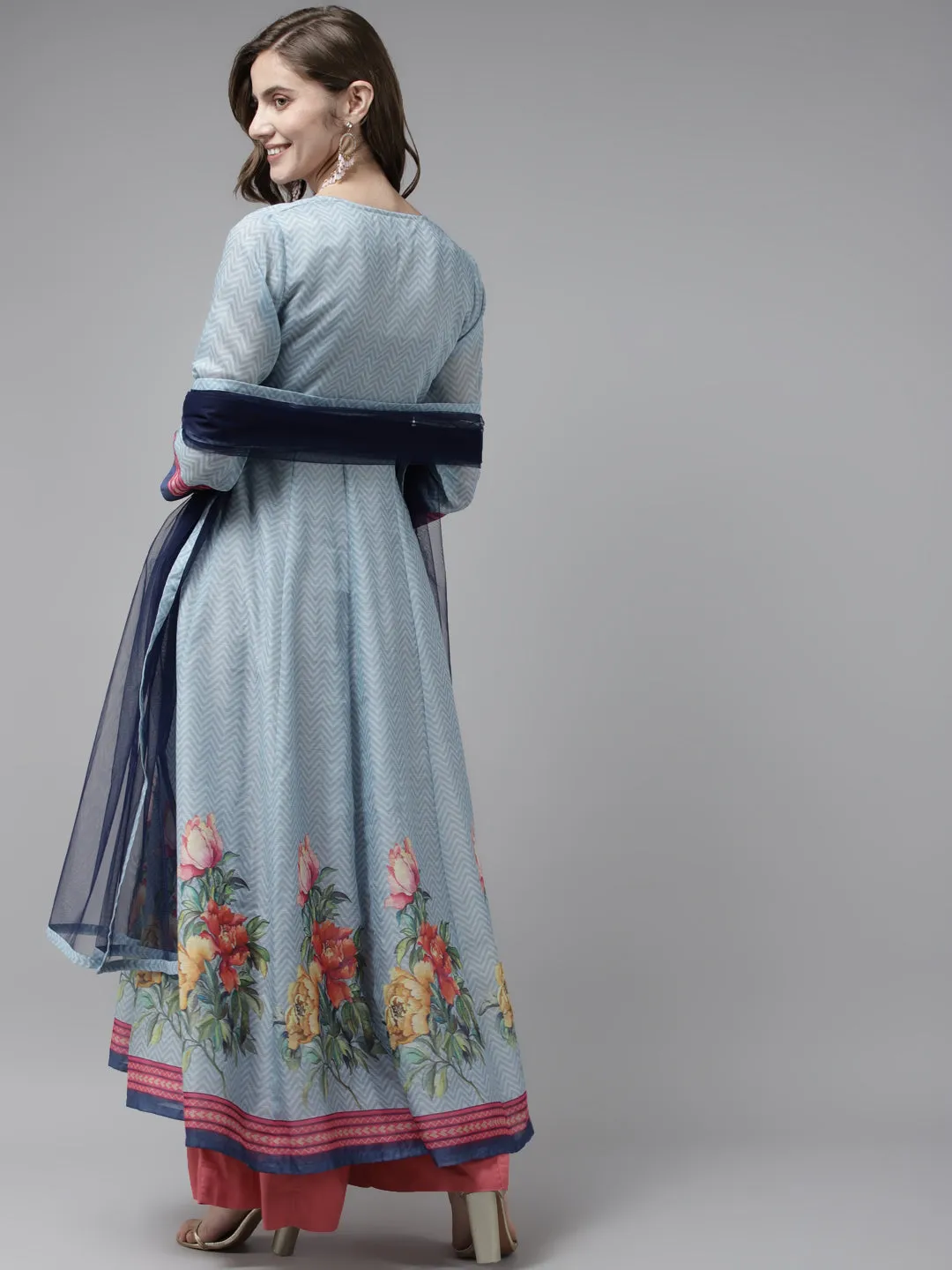 Blue & Pink Floral Printed Chanderi Silk Anarkali Kurta & Dupatta
