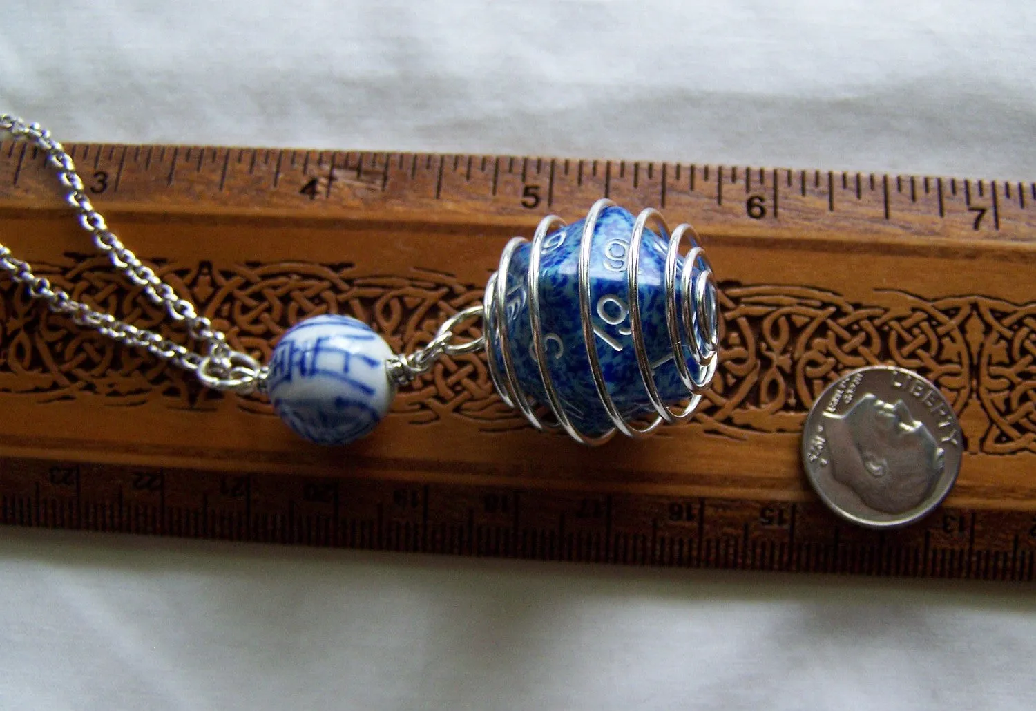 Blue D20 Caged Gamer's Dice Tao Character Shou Bead Pendant Necklace