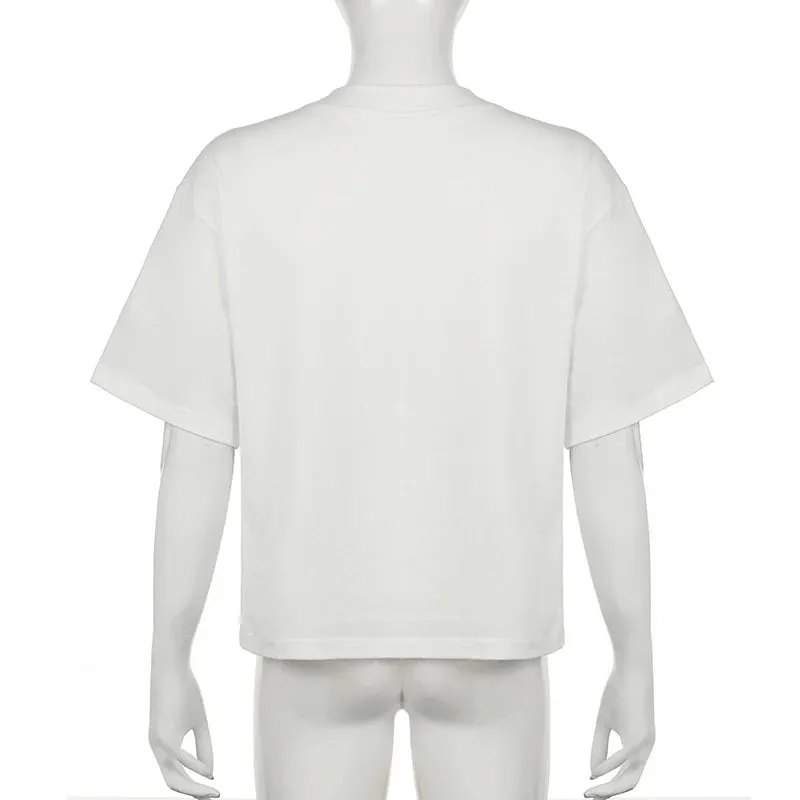Casual Loose White Summer Women T-shirts Top Digital Printed Sporty Chic Harajuku Tee Shirts Preppy Style Pullovers