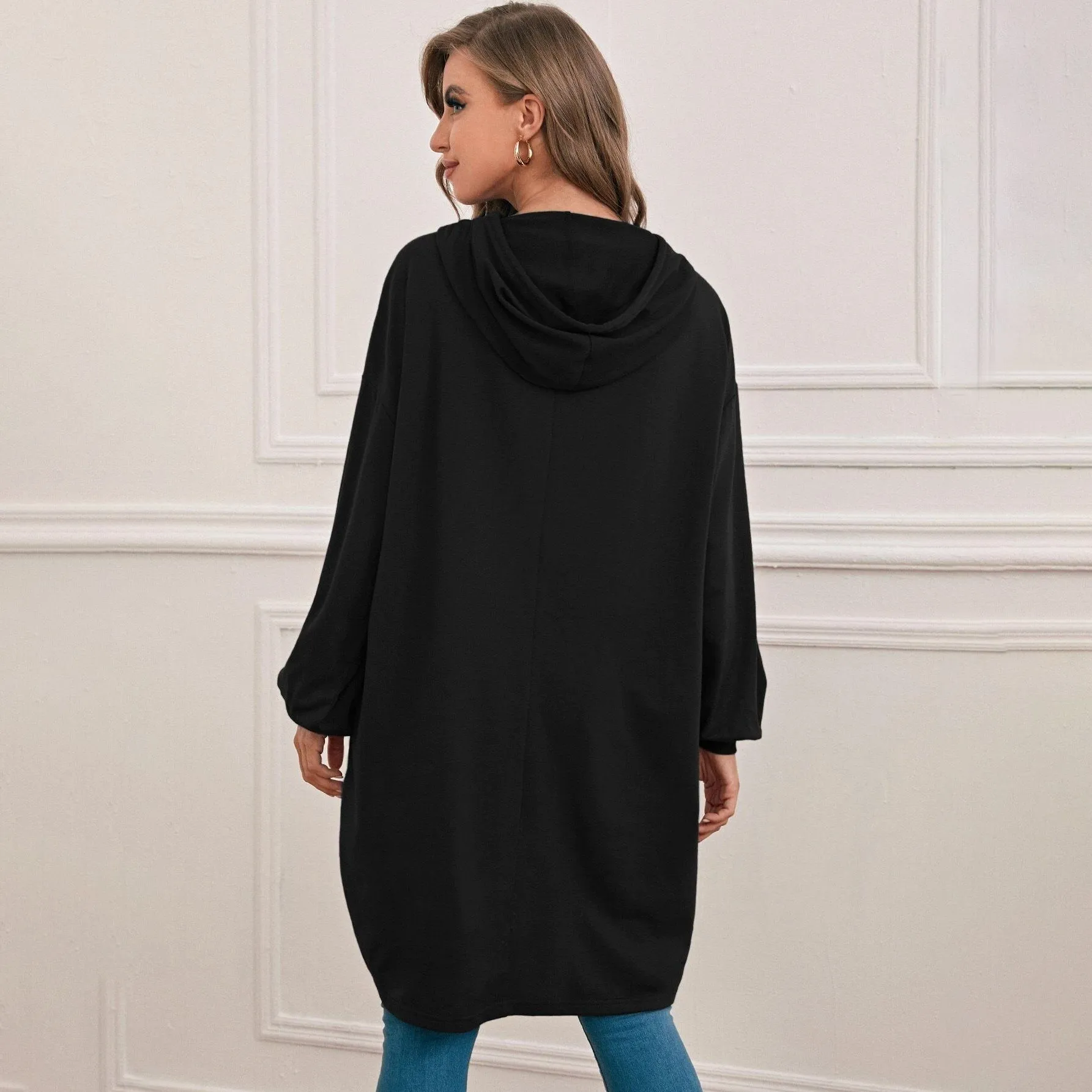 Drop Shoulder Dip Hem Thermal Longline Hoodie