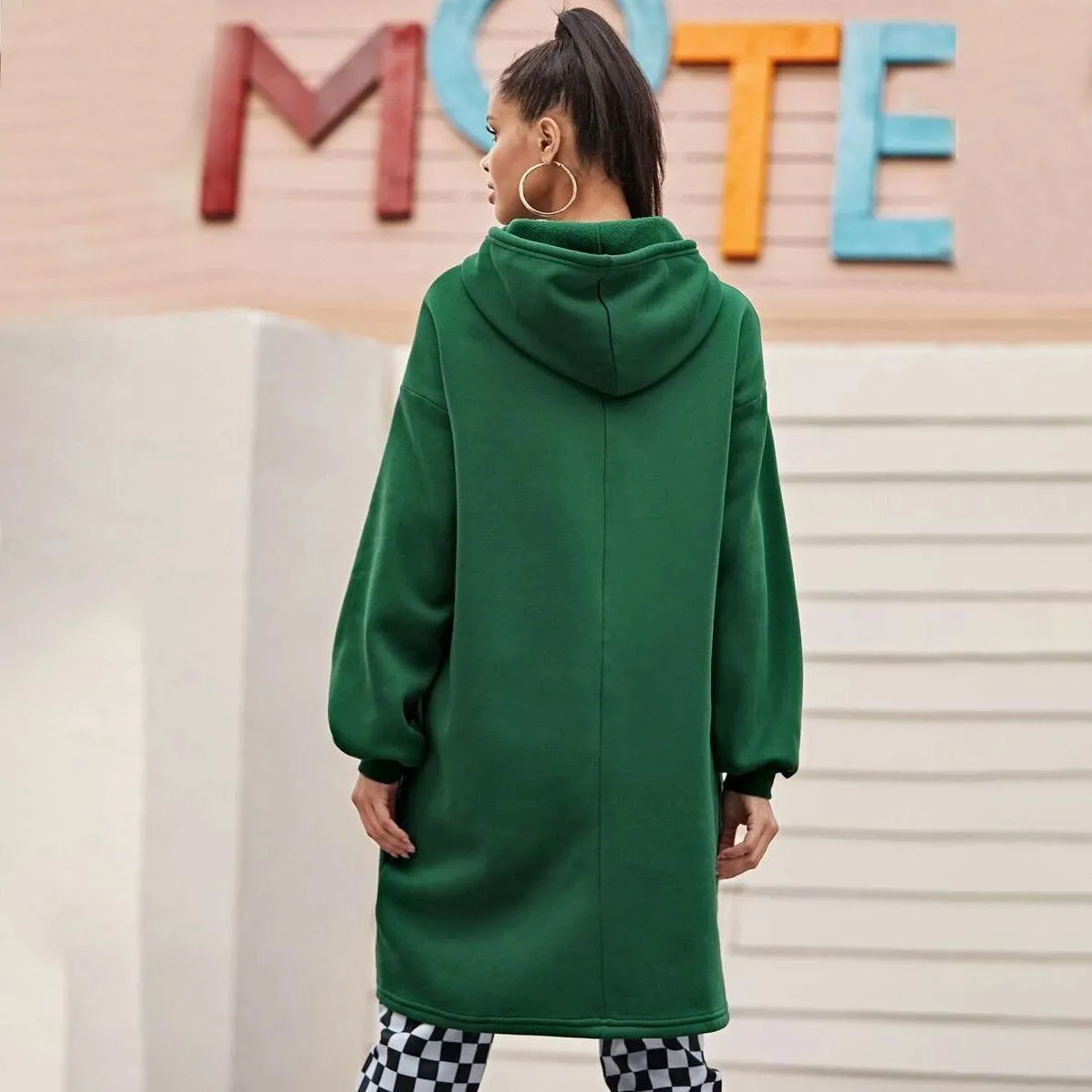 Drop Shoulder Dip Hem Thermal Longline Hoodie
