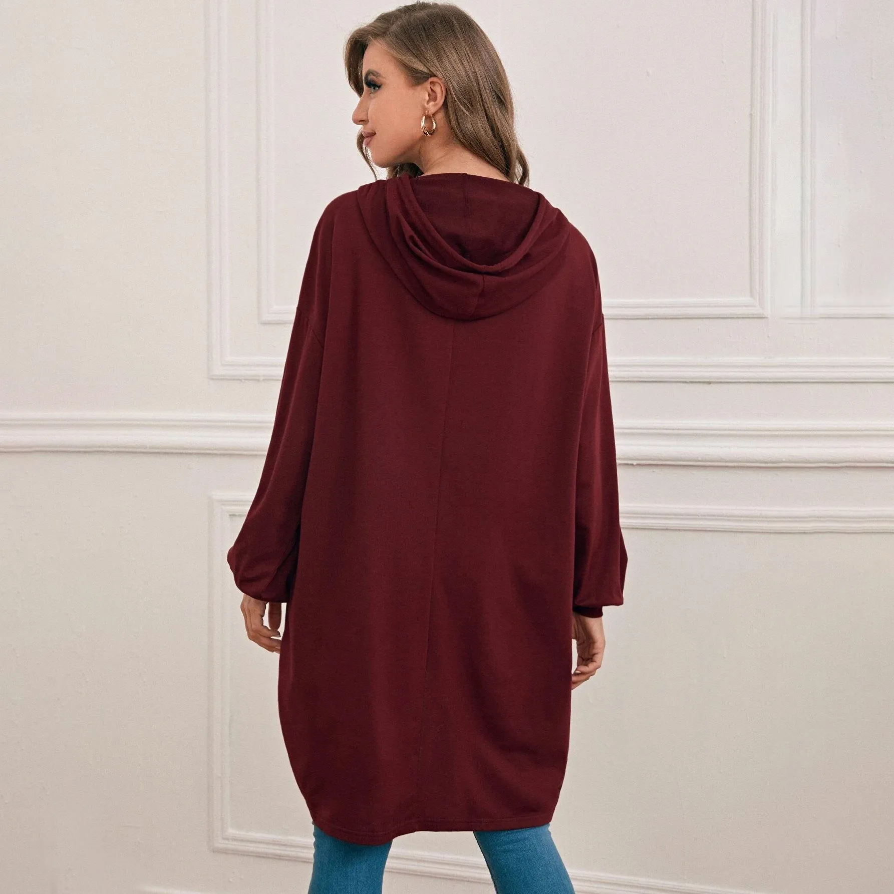 Drop Shoulder Dip Hem Thermal Longline Hoodie