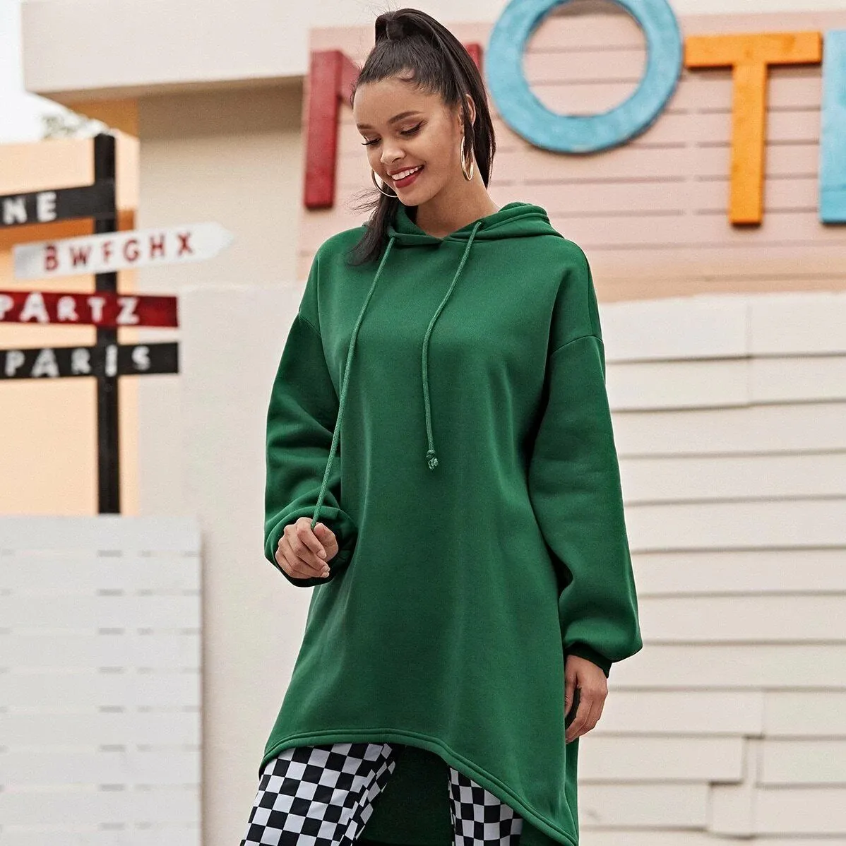 Drop Shoulder Dip Hem Thermal Longline Hoodie