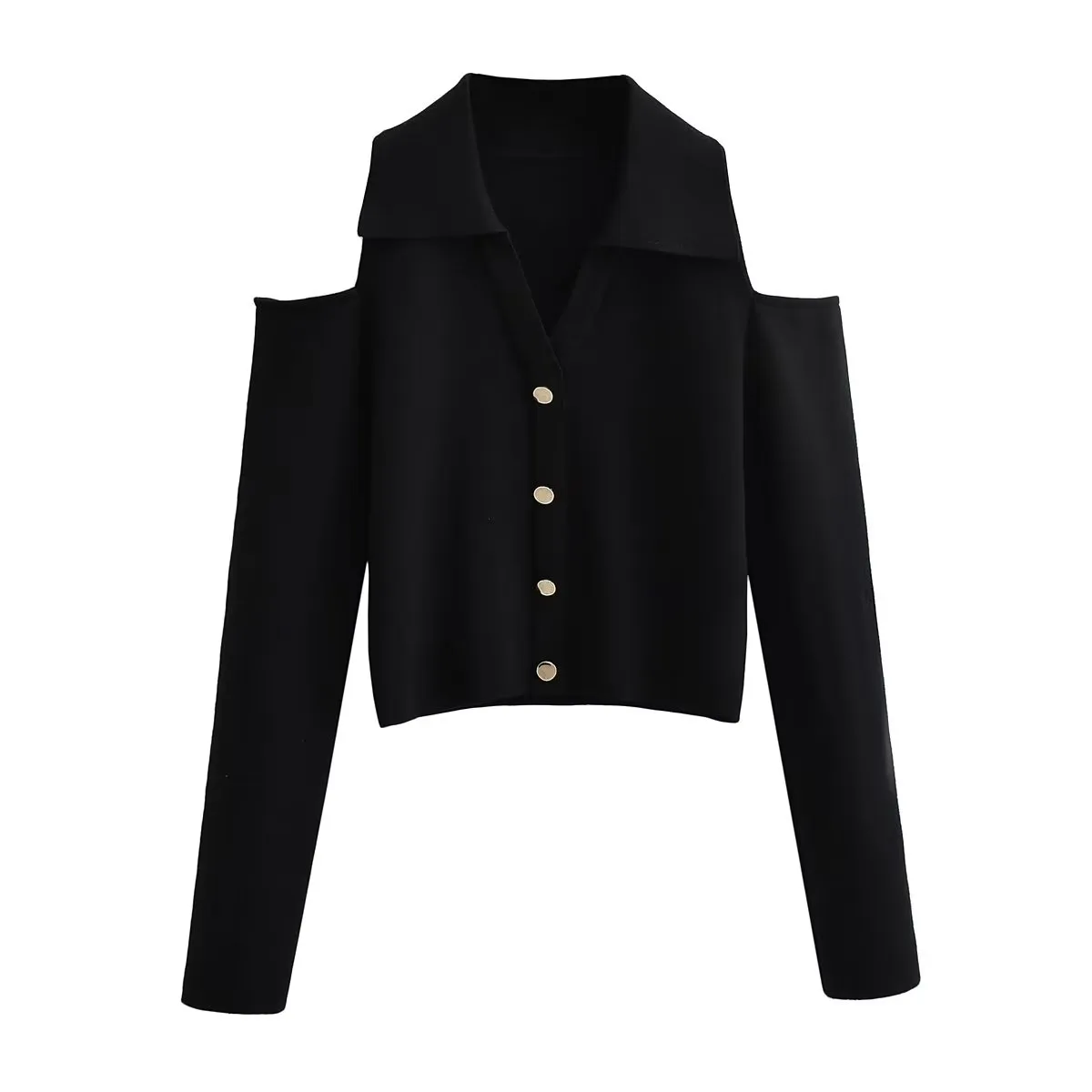 Fall Women Clothing Collared V neck off Shoulder Long Sleeve Single Breasted Skinny Knitted Top Women