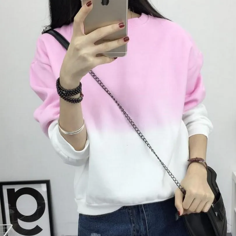 Fashion Long Sleeve Sweatshirts Slim Autumn Moletom Round Neck Gradual Change Printing Sudadera M-XXL Loose Women Sweatshirt (US 8-16