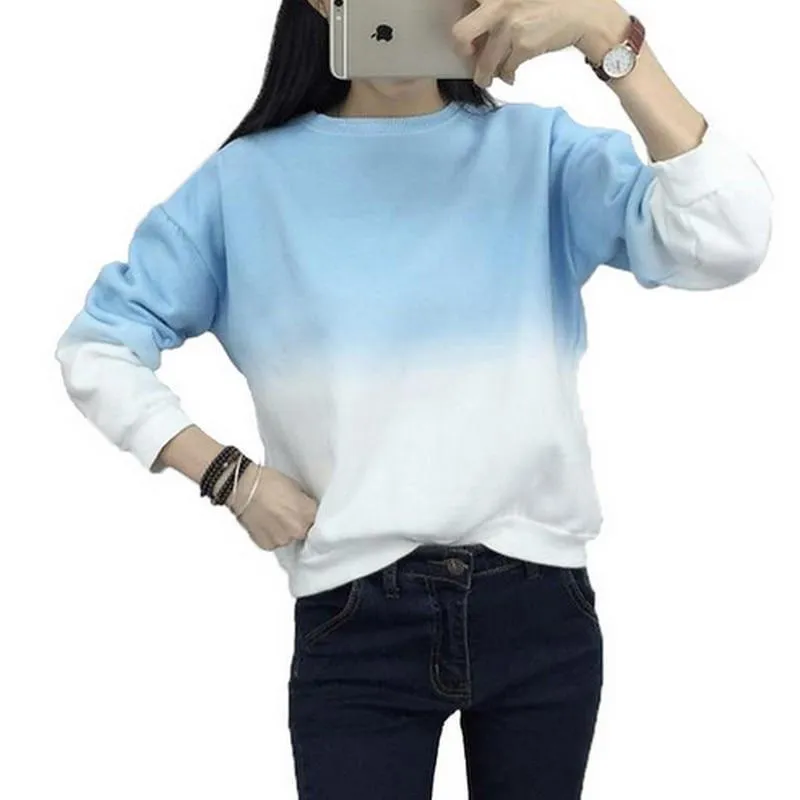 Fashion Long Sleeve Sweatshirts Slim Autumn Moletom Round Neck Gradual Change Printing Sudadera M-XXL Loose Women Sweatshirt (US 8-16