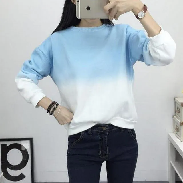 Fashion Long Sleeve Sweatshirts Slim Autumn Moletom Round Neck Gradual Change Printing Sudadera M-XXL Loose Women Sweatshirt (US 8-16