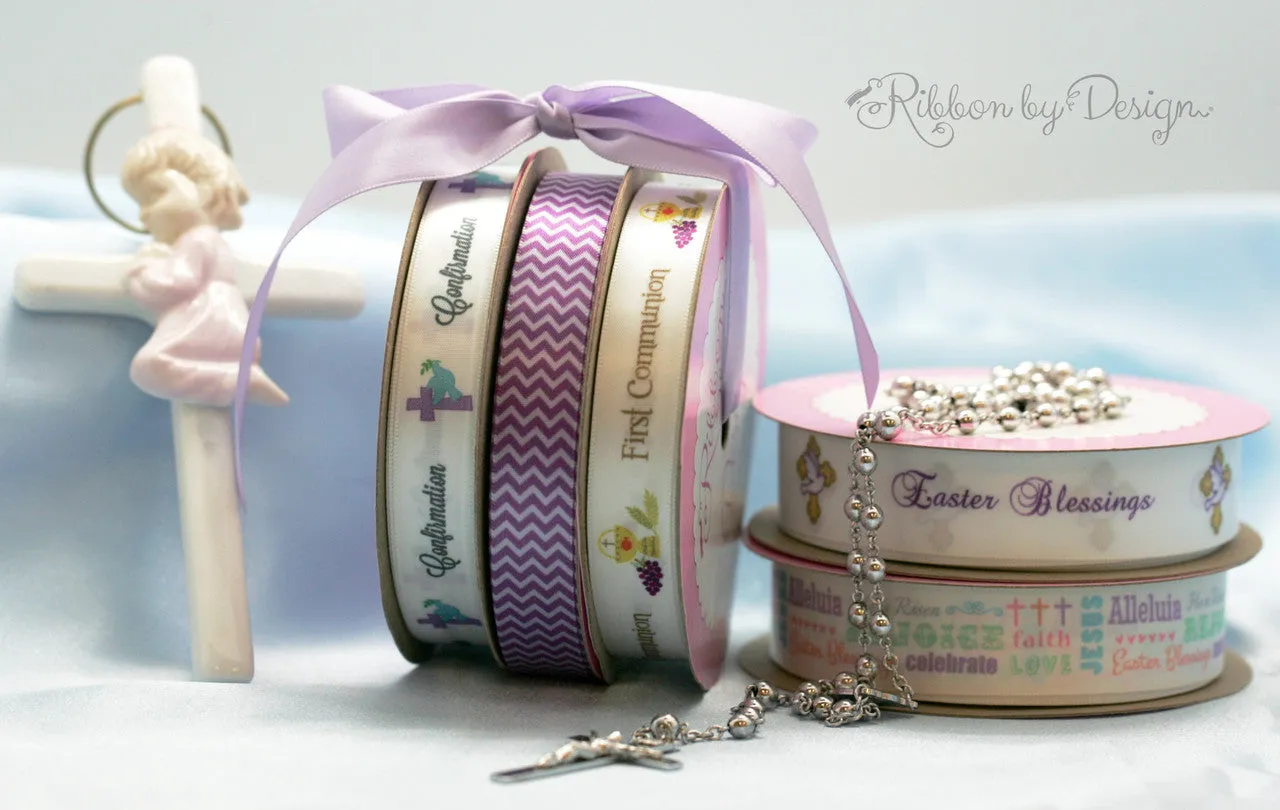 First Communion Ribbon with Chalice, Grapes and Host on 5/8" White Single Face Satin