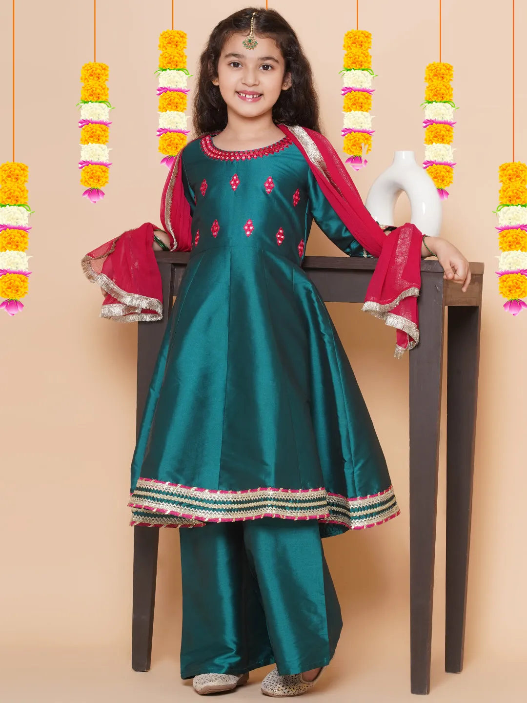 Girls Green Embroidered Round neck Flared Aanarkali Kurta with Palazzos With Dupatta