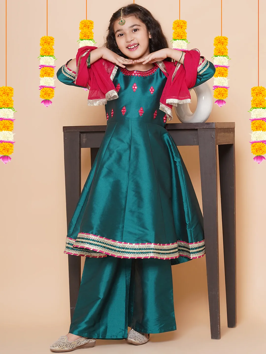 Girls Green Embroidered Round neck Flared Aanarkali Kurta with Palazzos With Dupatta