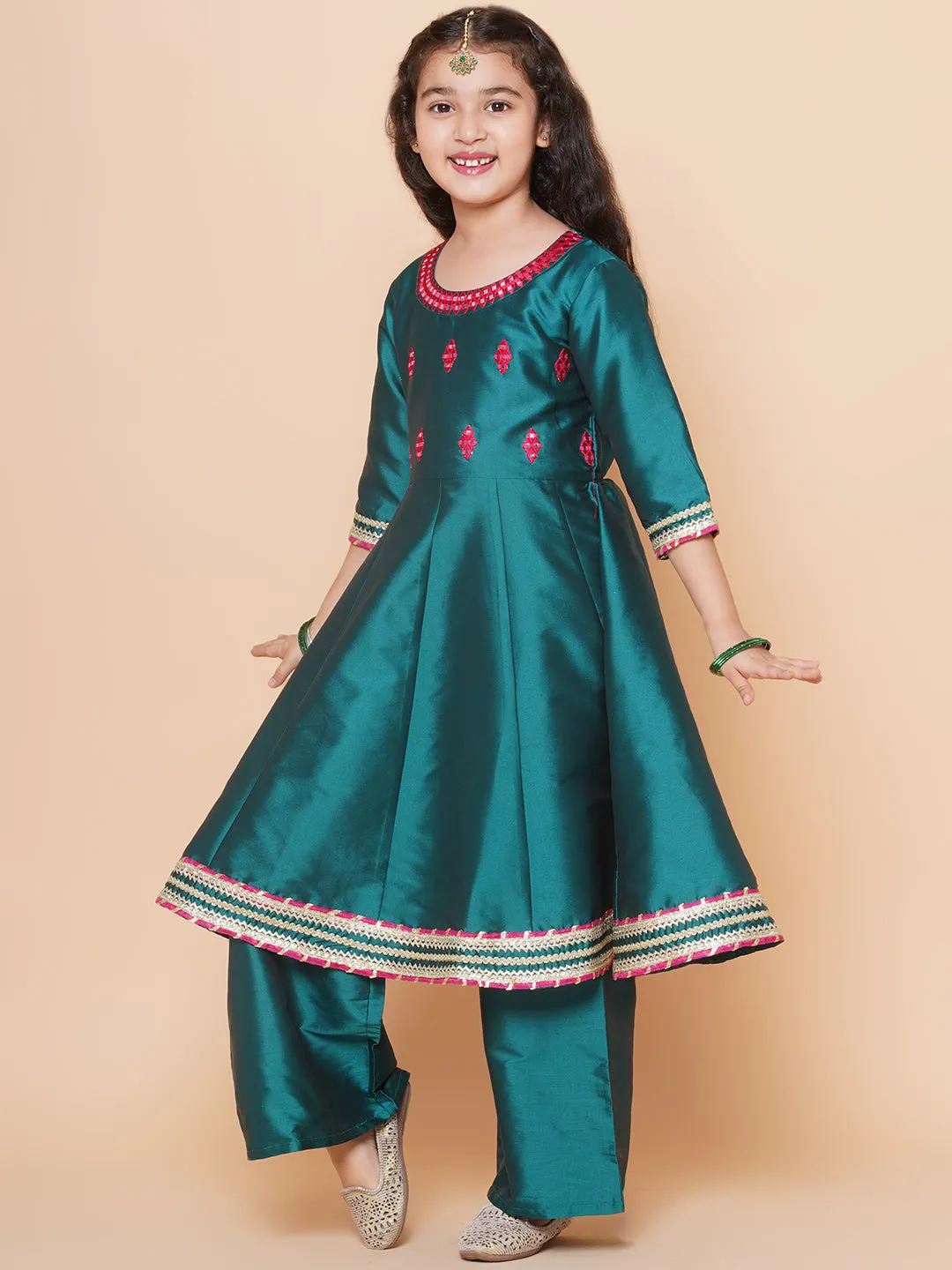 Girls Green Embroidered Round neck Flared Aanarkali Kurta with Palazzos With Dupatta