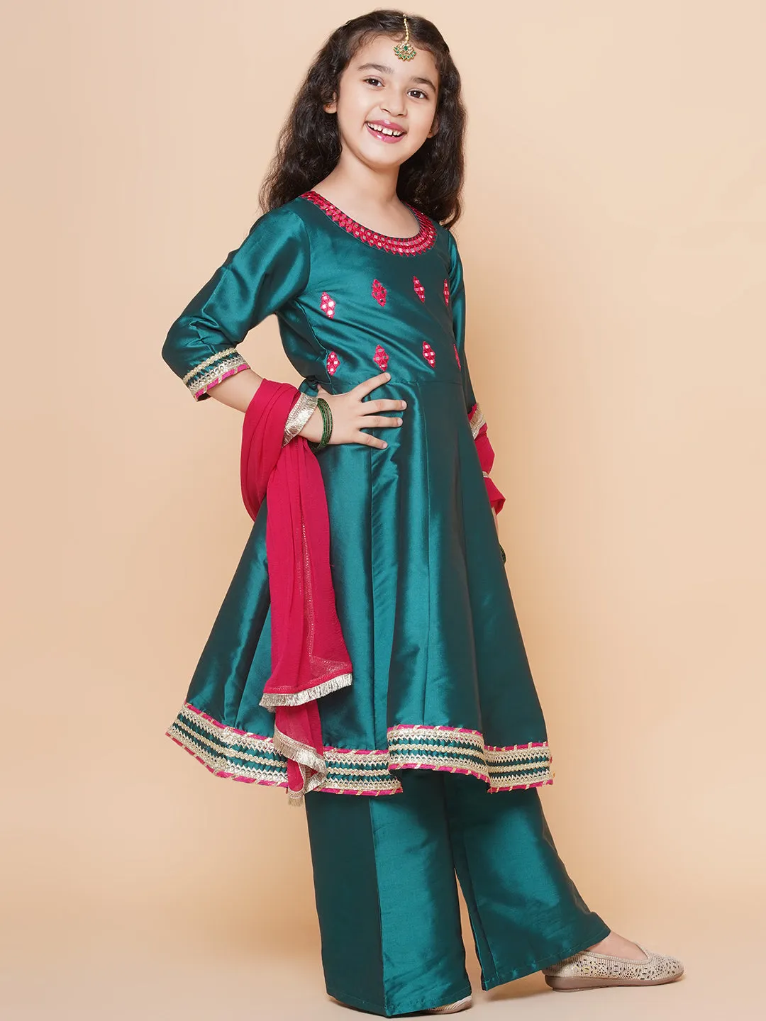 Girls Green Embroidered Round neck Flared Aanarkali Kurta with Palazzos With Dupatta