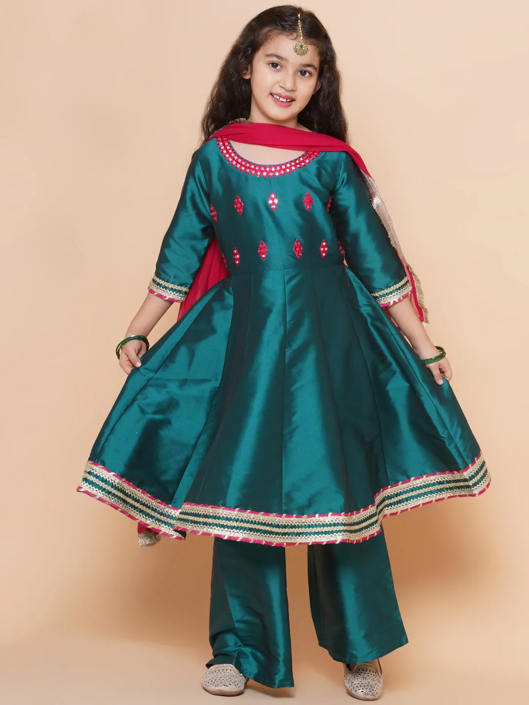 Girls Green Embroidered Round neck Flared Aanarkali Kurta with Palazzos With Dupatta