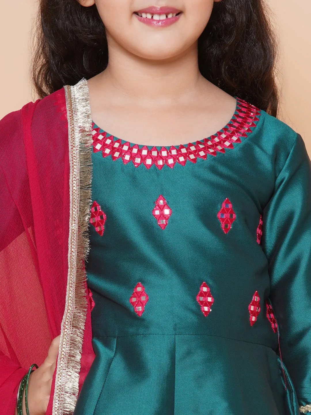 Girls Green Embroidered Round neck Flared Aanarkali Kurta with Palazzos With Dupatta