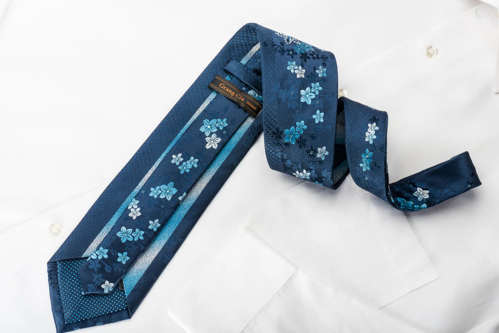 Grang Cia Rhinestone Silk Necktie Floral On Blue With Blue Sparkles