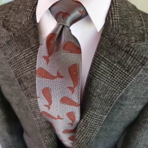 Gray Brown Whale Silk Tie Pocket Square Cufflinks Set