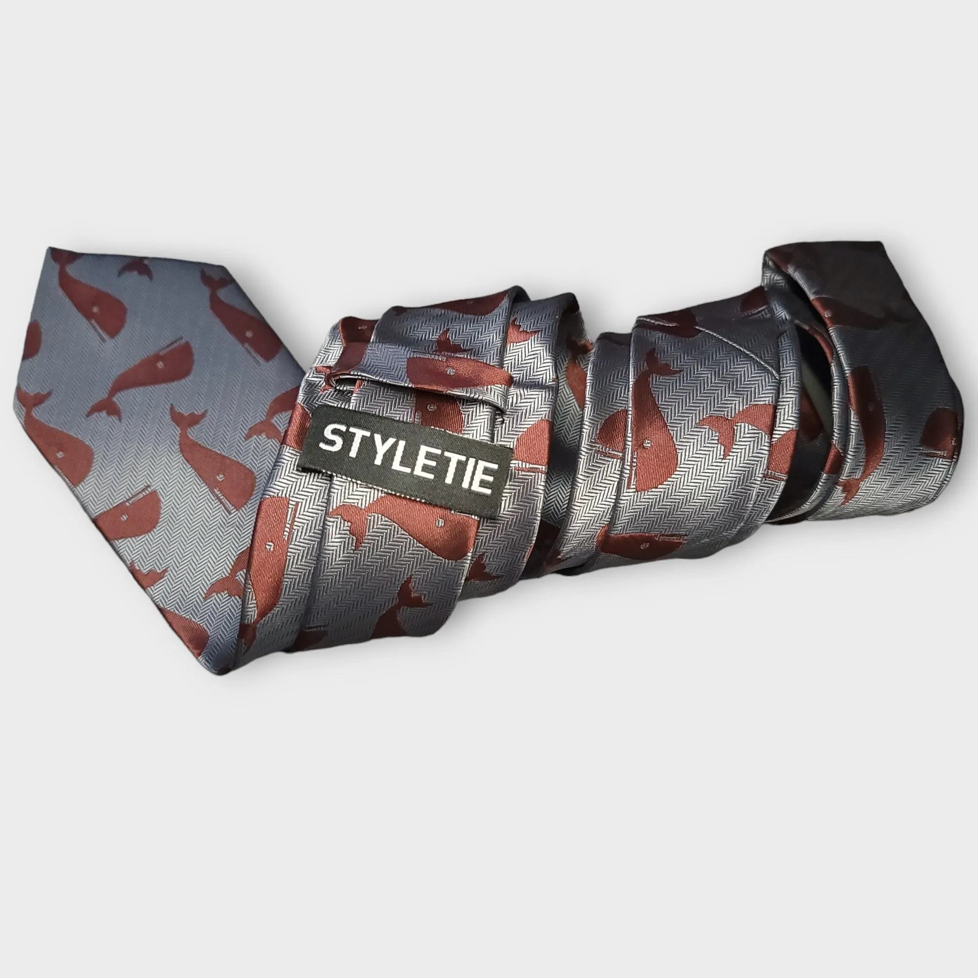 Gray Brown Whale Silk Tie Pocket Square Cufflinks Set