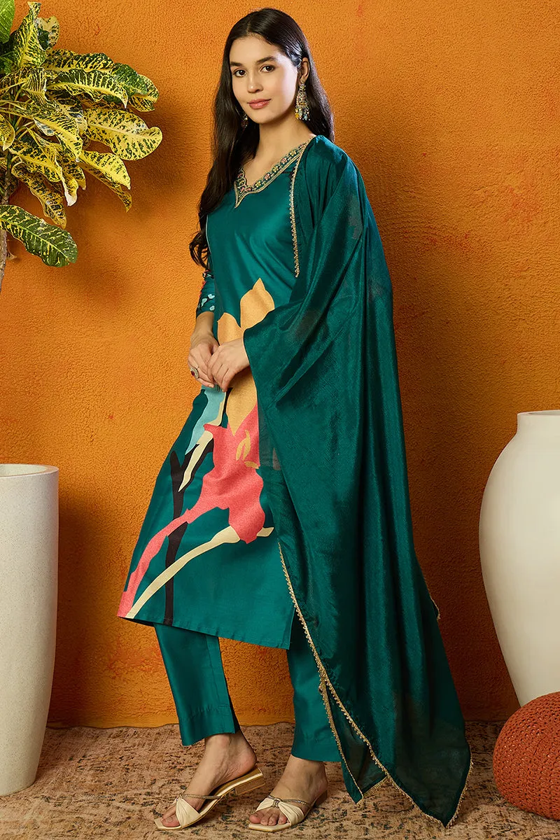 Green Silk Blend Floral Printed Straight Suit Set