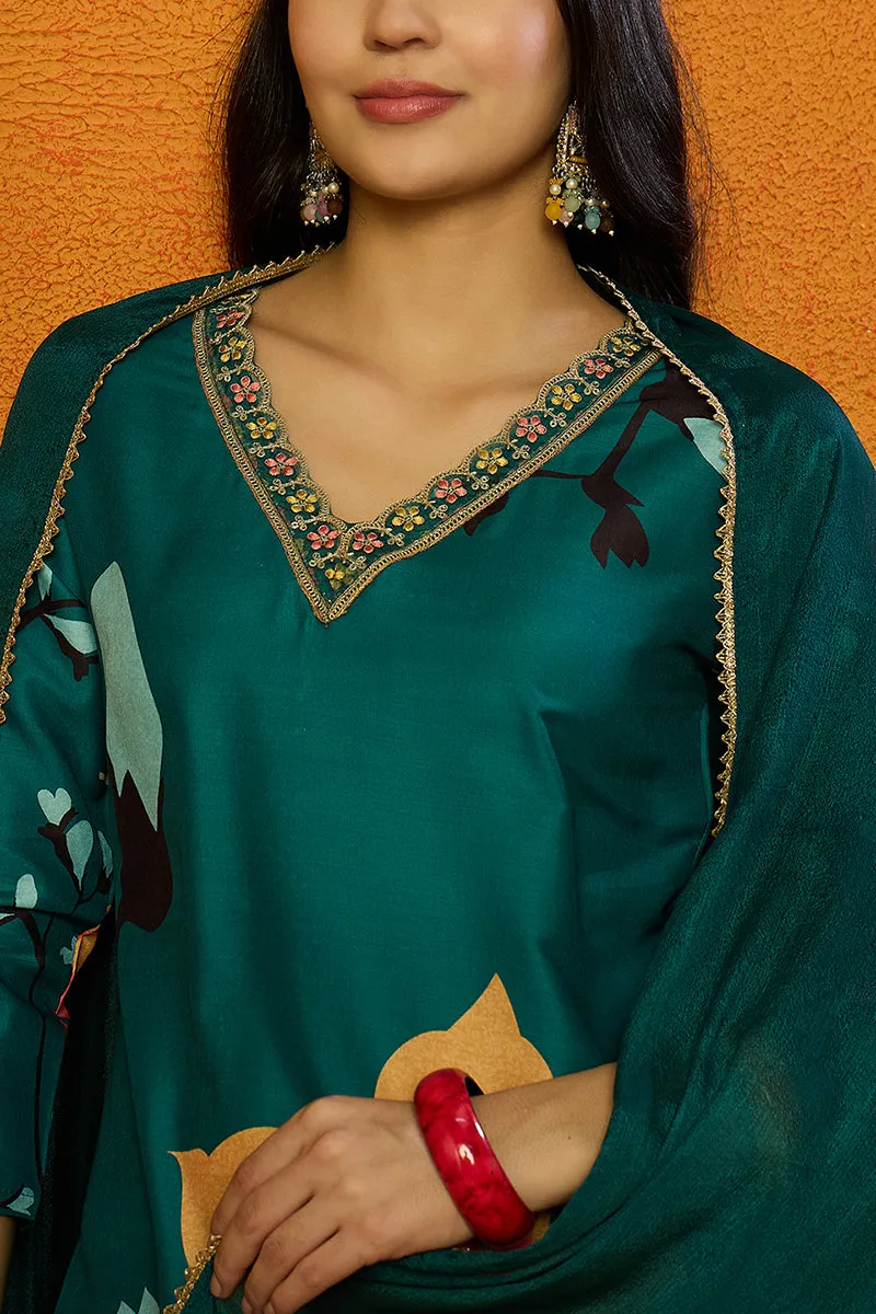 Green Silk Blend Floral Printed Straight Suit Set