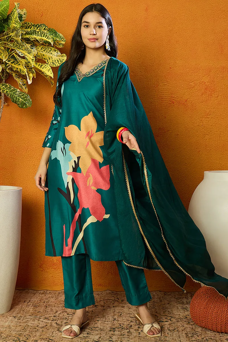 Green Silk Blend Floral Printed Straight Suit Set