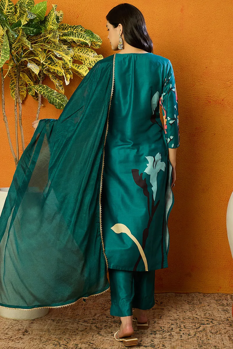 Green Silk Blend Floral Printed Straight Suit Set