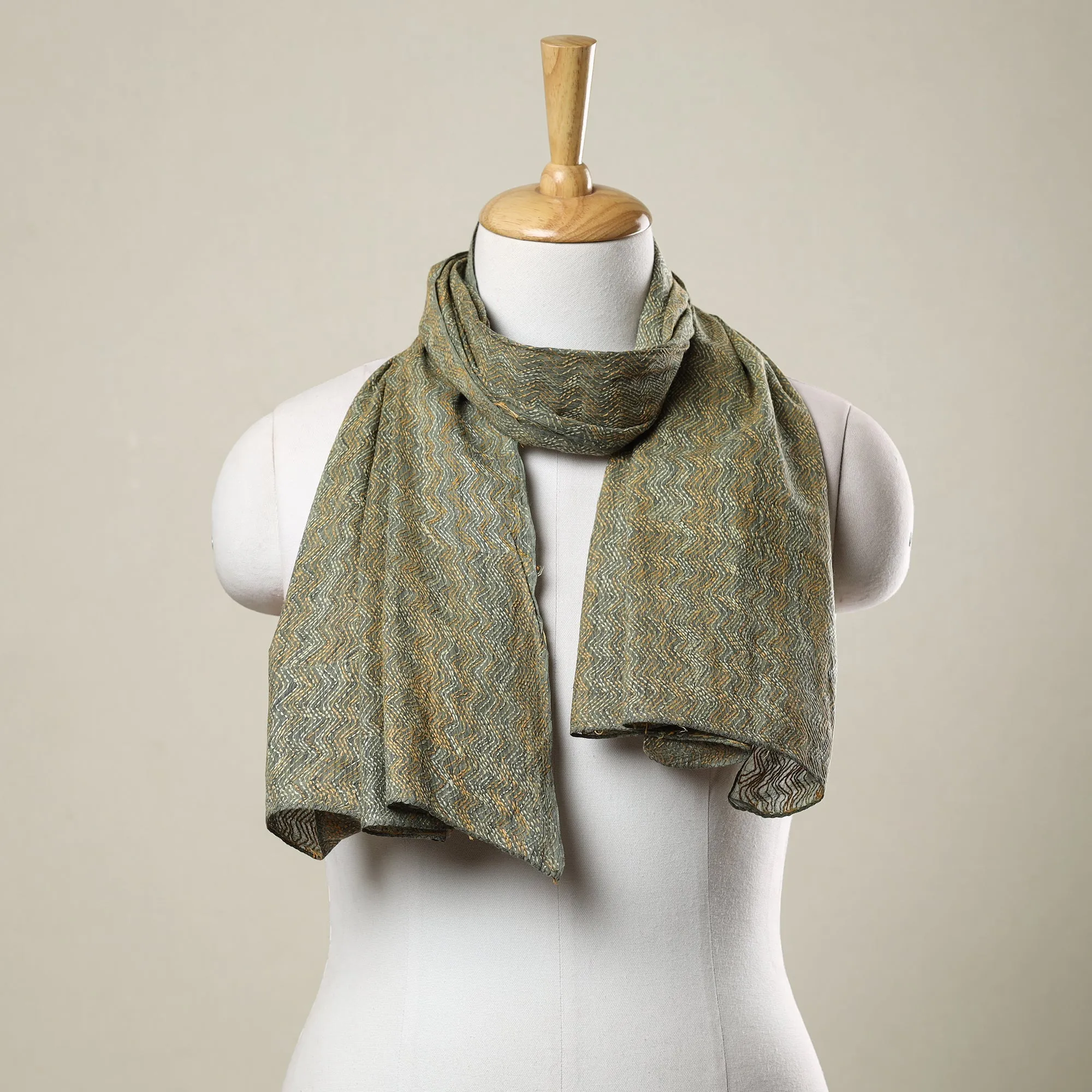 Grey - Bengal Kantha Hand Embroidery Cotton Stole 08