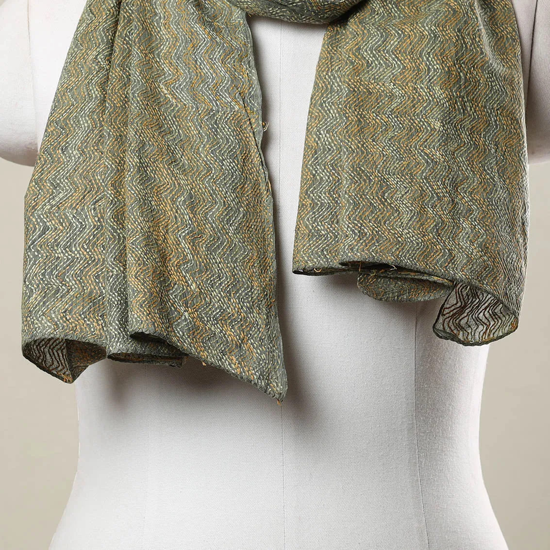 Grey - Bengal Kantha Hand Embroidery Cotton Stole 08