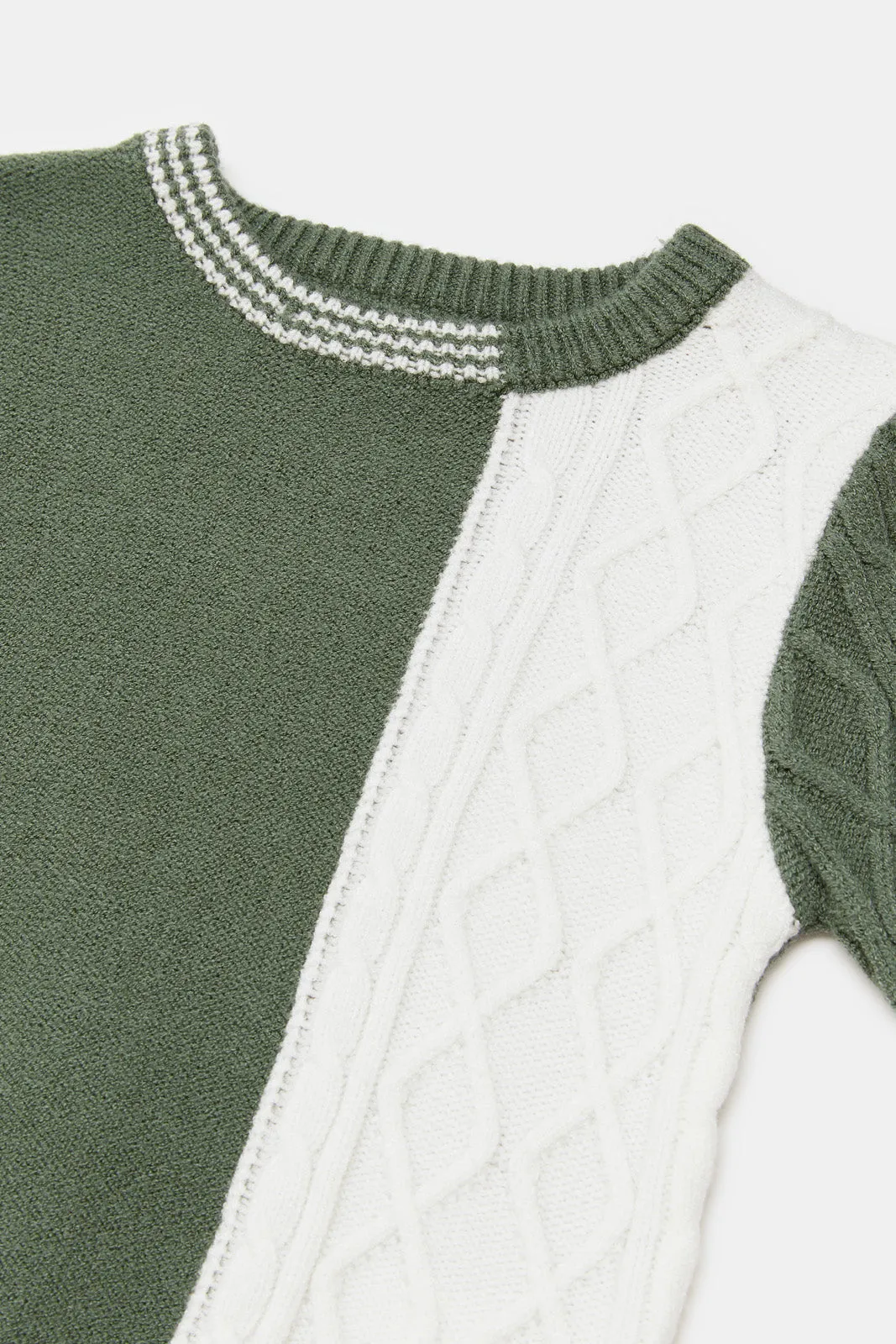 Infant Boys Green And White Grandad Cable Pullover