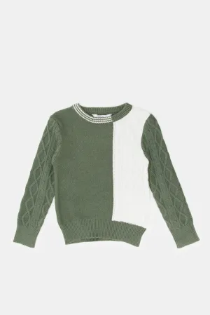 Infant Boys Green And White Grandad Cable Pullover