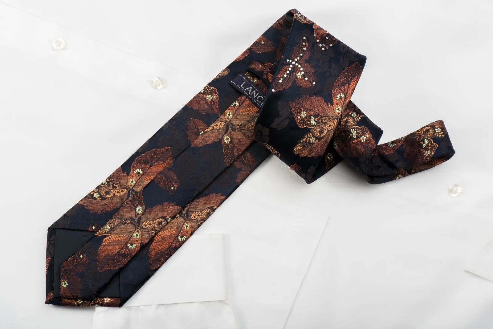 Lancetti Rhinestone Silk Tie Orange Floral On Navy With Sparkles