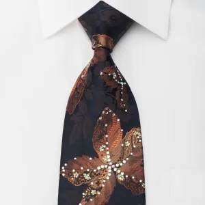Lancetti Rhinestone Silk Tie Orange Floral On Navy With Sparkles