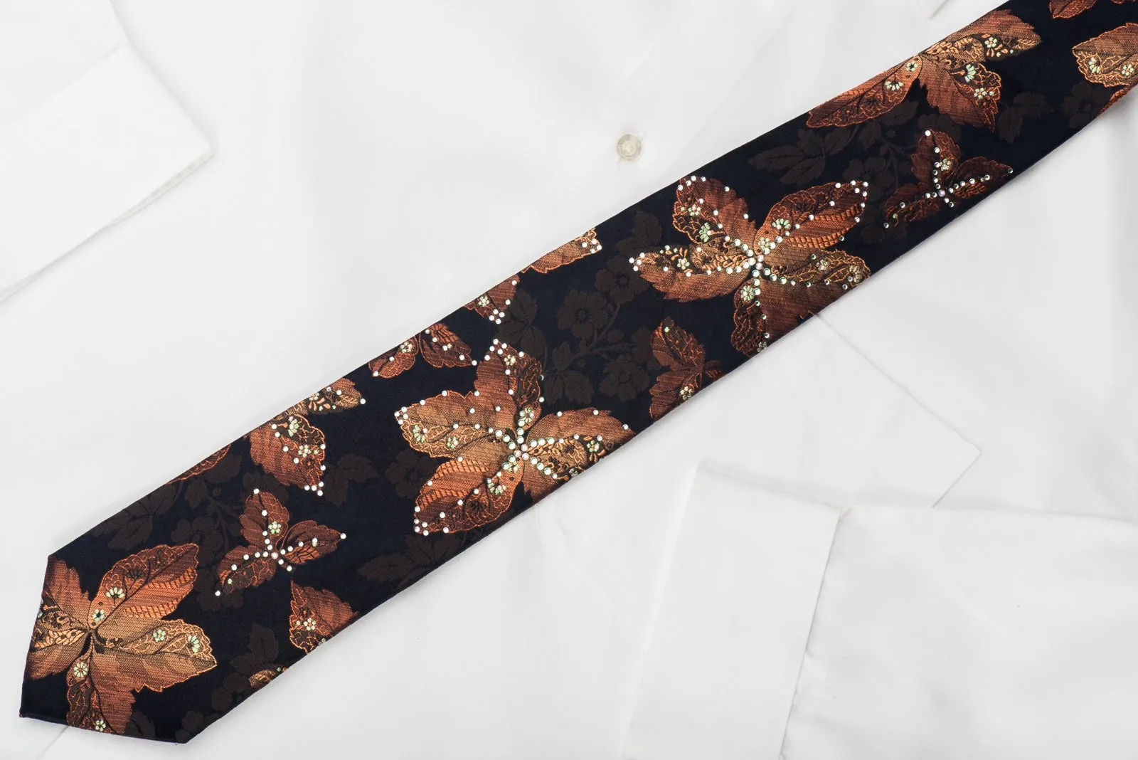 Lancetti Rhinestone Silk Tie Orange Floral On Navy With Sparkles
