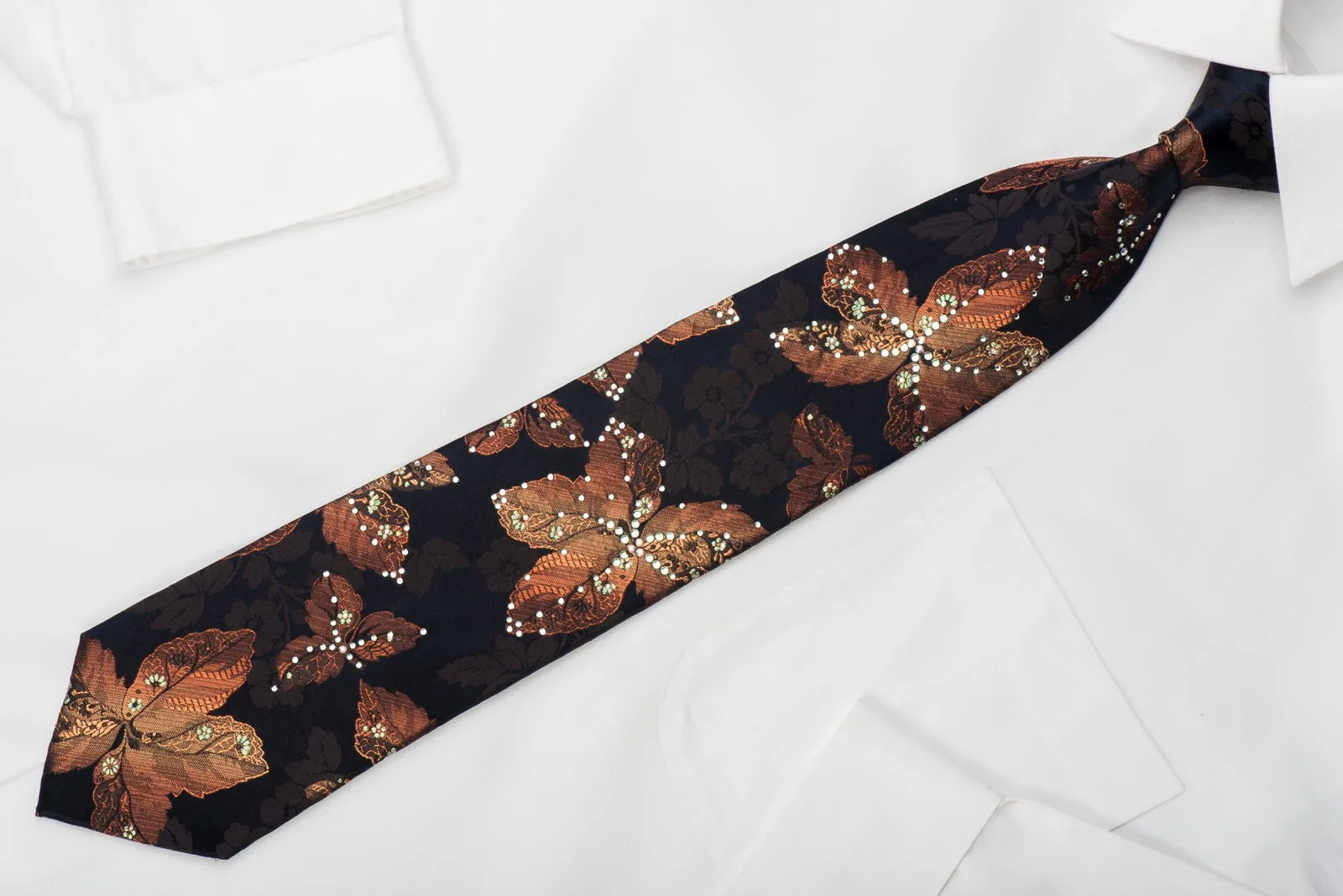 Lancetti Rhinestone Silk Tie Orange Floral On Navy With Sparkles