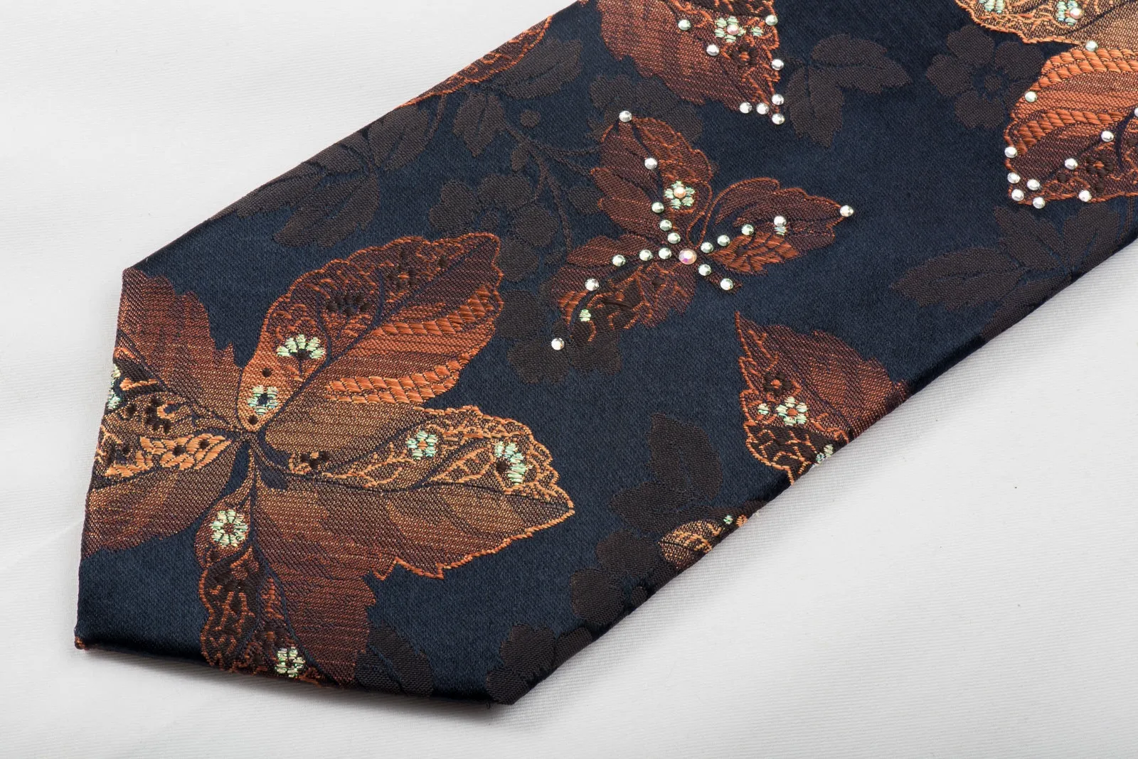 Lancetti Rhinestone Silk Tie Orange Floral On Navy With Sparkles