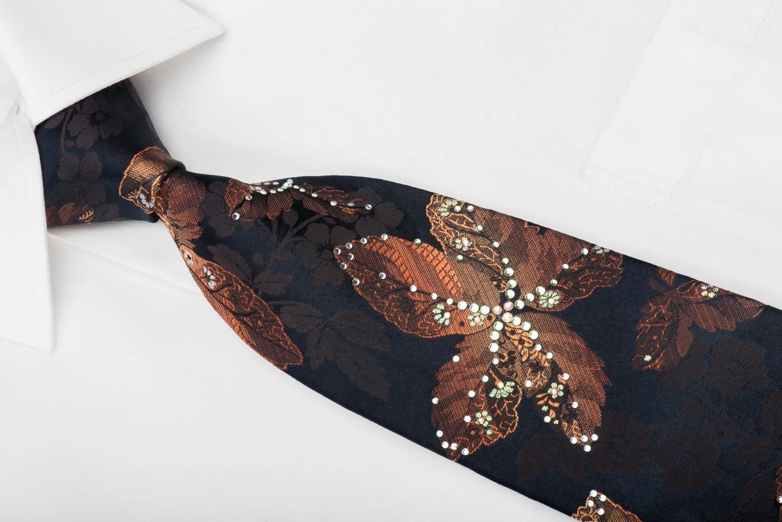 Lancetti Rhinestone Silk Tie Orange Floral On Navy With Sparkles