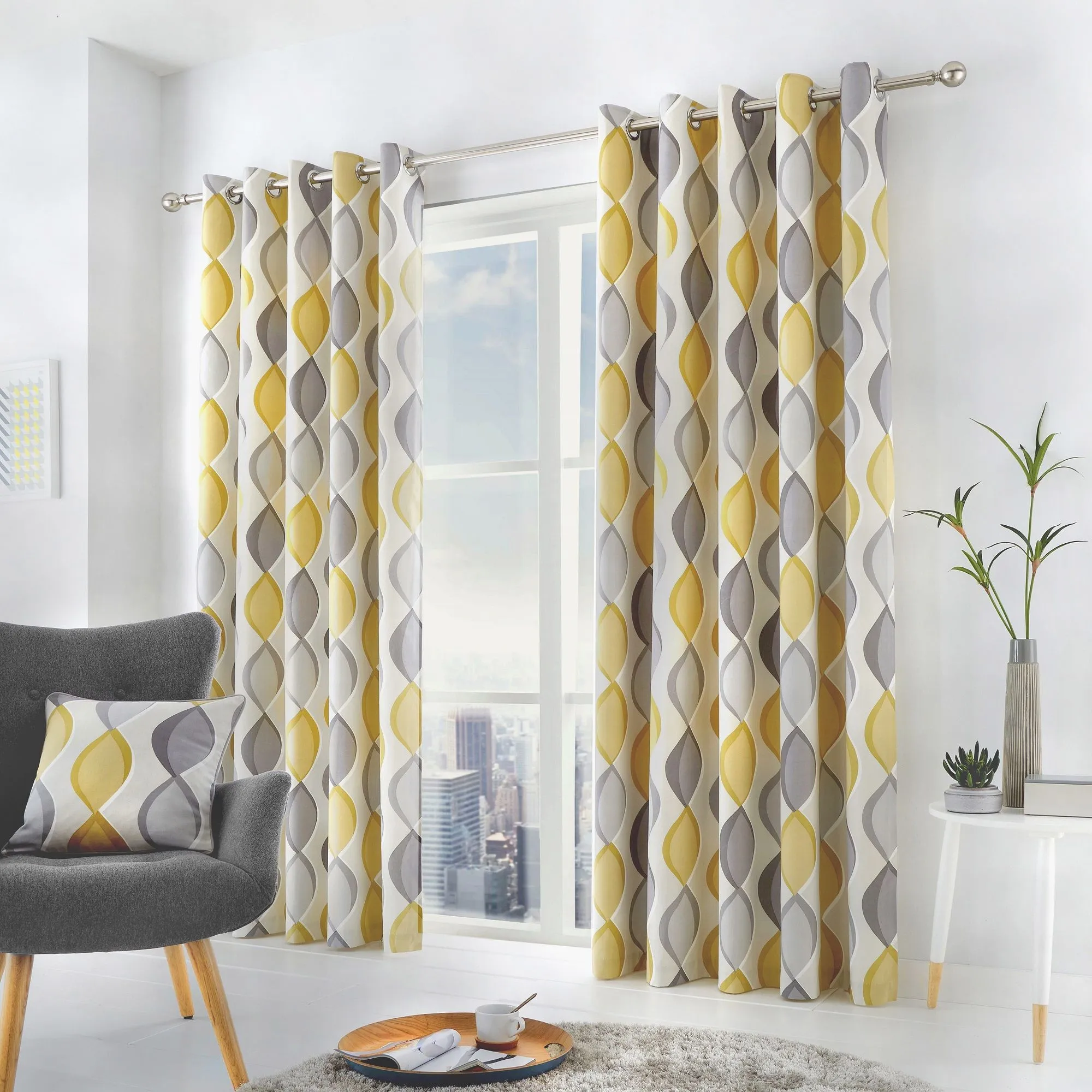 Lennox Pair of Eyelet Curtains by Fusion in Grey & Ochre