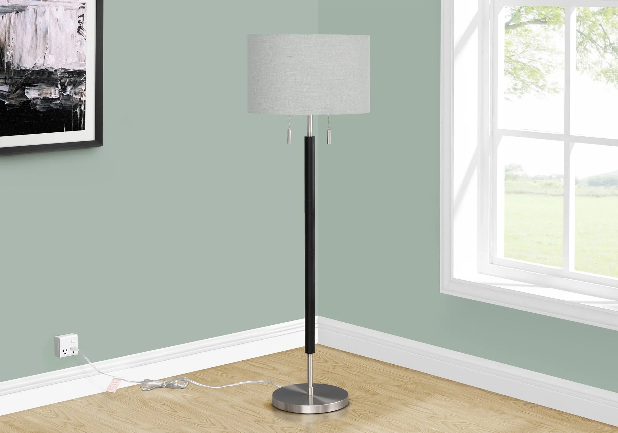 Lighting, 60"h, Nickel Metal, Grey Shade, Contemporary