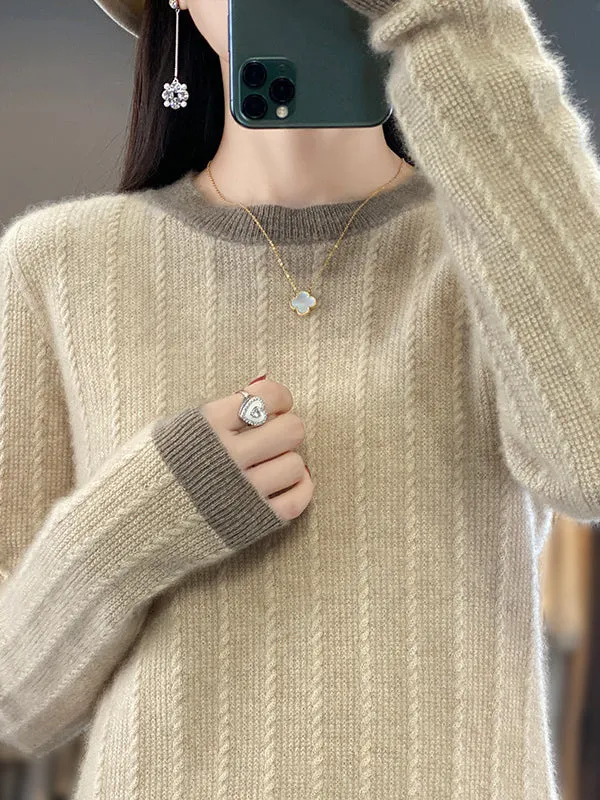 Long Sleeves Loose Contrast Color Round-Neck Pullovers Sweater Tops