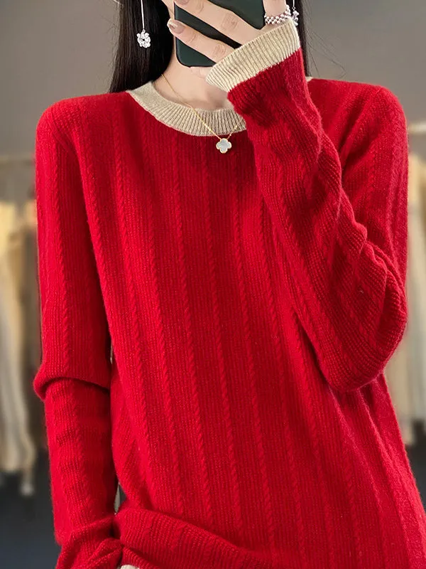 Long Sleeves Loose Contrast Color Round-Neck Pullovers Sweater Tops