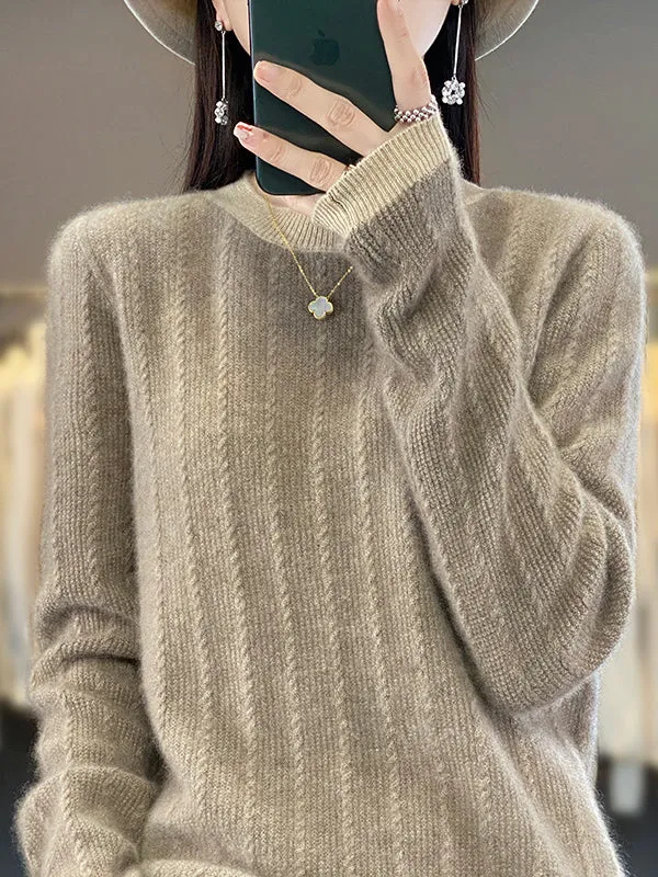 Long Sleeves Loose Contrast Color Round-Neck Pullovers Sweater Tops