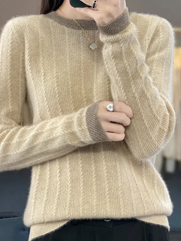 Long Sleeves Loose Contrast Color Round-Neck Pullovers Sweater Tops