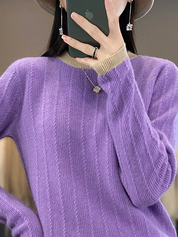 Long Sleeves Loose Contrast Color Round-Neck Pullovers Sweater Tops