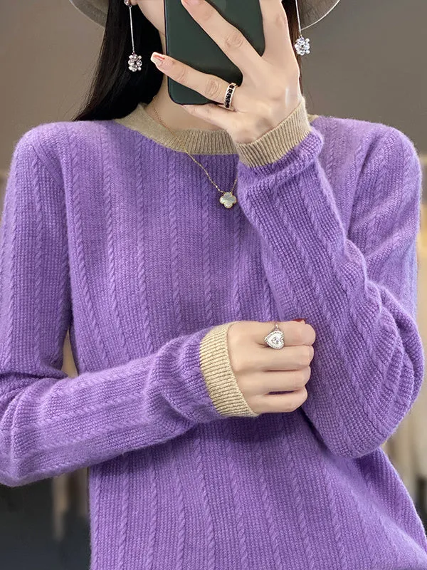 Long Sleeves Loose Contrast Color Round-Neck Pullovers Sweater Tops