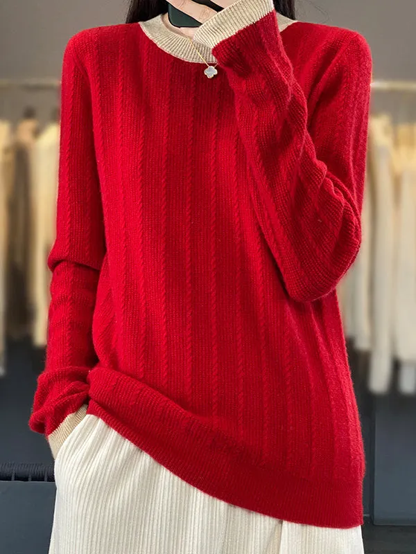 Long Sleeves Loose Contrast Color Round-Neck Pullovers Sweater Tops