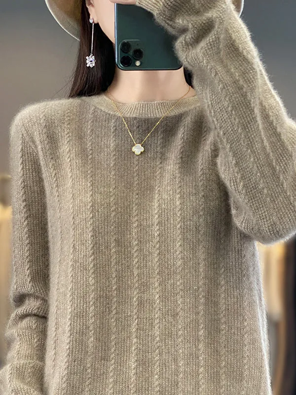 Long Sleeves Loose Contrast Color Round-Neck Pullovers Sweater Tops