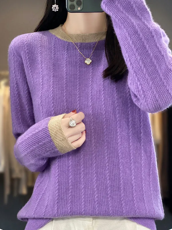 Long Sleeves Loose Contrast Color Round-Neck Pullovers Sweater Tops