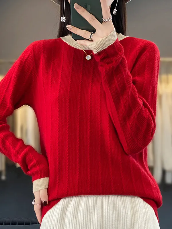 Long Sleeves Loose Contrast Color Round-Neck Pullovers Sweater Tops