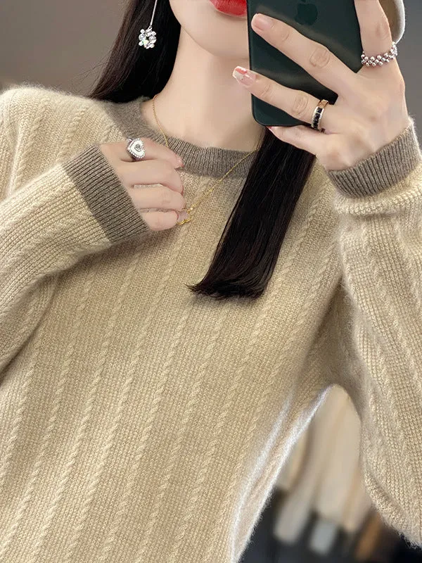 Long Sleeves Loose Contrast Color Round-Neck Pullovers Sweater Tops