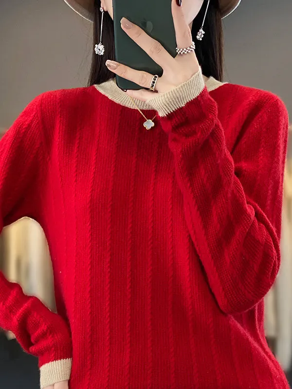 Long Sleeves Loose Contrast Color Round-Neck Pullovers Sweater Tops
